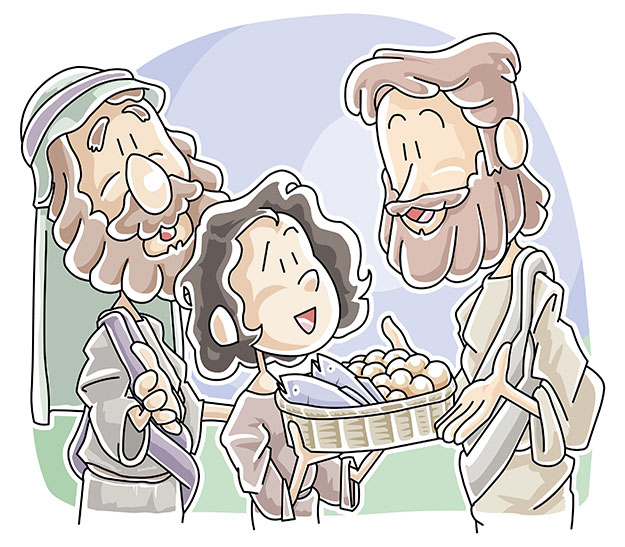 A boy sharing his bread and fish to Jesus
